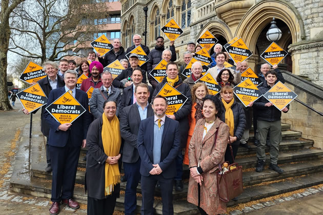 Local Lib Dem members welcome Cllr Crawford outside Ealing Town Hall 